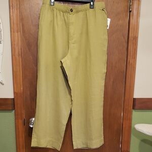 Tahari Olive 100% Linen Lightweight Wide Leg Pant